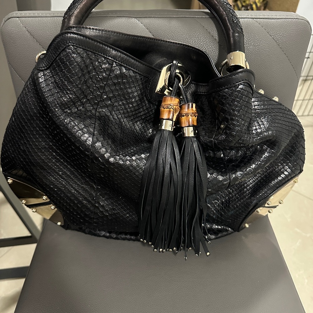 Gucci Black Python-Embossed Leather Bamboo Tassel… - image 1
